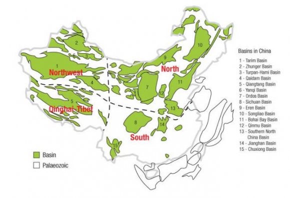 Figure 4: Basins in China (Wang and Wang, 2011) The estimated amount of technically recoverable gas in two China shale basins shown in Fig. 5, Tarim and Sichuan, rank the country among the world's richest. The EIA study estimated that the Sichuan and Tarim basins hold 1,275 Tcf of technically recoverable gas, assuming that about 25% of the gas can be produced. The Sichuan and Tarim Basins are two large organic rich shale plays, and other five less prospective