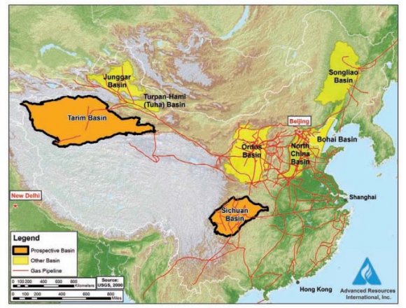 Stratigraphy of Source Rock Shale Targets in the Sichuan Basin b) marine deposited black shales of Cambrian and particularly Ordovician age are considered the most important source rocks in the basin. (Cai et al., 2009)Tarim and the Northern China area are marine deposits often have high organic matter content and Ro value of 1.1%-2.5%. the organic matter is mostly II-III type kerogen. while those in the Tarim average 13,500 ft. deep. (Rassenfoss, Jul 2012).By 2020, China's annual shale gas production will be expected to reach 300 × 10^8 m3. No shale leasing or drilling have beenreported, probably because of this basin's remoteness and extreme depth of the shale..