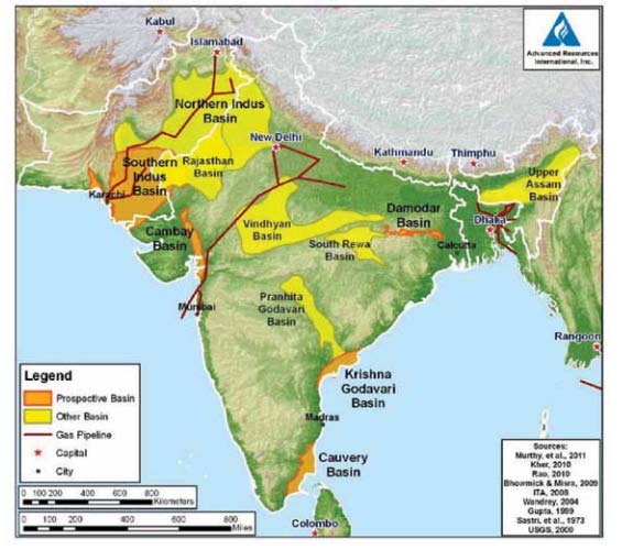 Figure 10 : General stratigraphic column of the Cambay Basin (Sivan et al., 2008) India has vast resources of shale gas and it is mainly untapped due to strict government policies, lack of new technologies & technical expertise and lack of interest from the industry. But, it is essential to explore and exploit the shale due growing energy needs in the country. Cambay, Krishna Godavari, Cauvery and the Damodar Valley are the most prospective