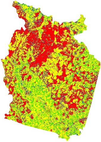 Fig. 12 : Correlation of Vulnerability Index (VI) and Exposure Index (EI) Figure 13 shows all land cover class change gradient of development. From a temporal perspective, all land cover classes in Olomouc was transformed into developed area in different time frame because of the higher exposer intensity in agriculture area. In 1991 all classes were less developed in compare of 2013. Then these all classes underwent the transformation process respectively in the 1991, 2001 and 2013, which included three stages: land acquisition for construction, industrial estate development and improvement of urbanization or settlements. This process started in settlements in 1991 and later in other classes. Spatial gradient of vulnerability five land cover classes in 2013 can be considered as representing temporal gradient of one land cover class in five stages. Therefore, the results of vulnerability analysis over area helped us to know how vulnerability of an area land use change process.Undeveloped or less developed area was vulnerable within the land use change process. However, with resilience in difficult situations, it was adaptive and less vulnerable after its turning into developed area.