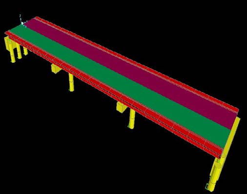 2303kN-mrated energy of the selected fender panel R R = 2476kN -rated reaction of the selected fender H = 1.8m -height of the selected fender panel Vessel approaching angle relative to a berth, ?=10 deg 1Determine Factored Fender Reaction. R AB modif. = R AB * TCF * (L.F. /C AB ) =2,476 * 1.188 * (1.5 / 1.25) = 3,530kN Line 2 of Table 1 is given as an example of the behind the scene calculations: E i abs = Ri * ? ? = 0.5 * (0+495) * (0.09-0) = 22kN-m ?E = 0+ 22 = 22kN-m E kinetic remaining = 2303-22 = 2281kN-m V rem'g = SQRT [2*2281*10 3 / (1.61*10 8 )] = 0.168m/sec t compr time rate = 0.5*(0.09-0) / (0.168+0.169) = 0.133sec t to % of ? = 0+0.133 = 0.133sec The length of impact impulse between 60% and 70% of fender deflection was calculated as ? = (4.11-2.21) =1.90 sec. Where, Length of impulse, ? was based on assumption of indefinitely rigid supporting structure. © 2015 Global Journals Inc. (US) Global Journal of Researches in Engineering ( ) Volum Year 2015 XV Issue I Version I Manufacturing Factors, TCF for Energy TCF Design of Semi ? Flexible and Flexible Dolphins with Concrete Pile Caps The reaction provided by the fender at the beginning of the impulse (point at 65% of fender Analysis of the impulse length (Rubber Fender only) Table 1 : Compare fender reactions of the Rigid and Flexible dolphin systems: R AB rigid = 3,720kN R AB flexible = 3,530kN a) Abnormal Impact Dynamic Magnification ? Example 2. Impact Dynamic Magnification
