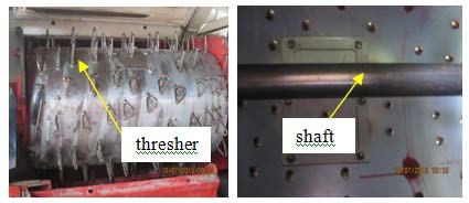 Figure 2 : (a) Thresher and (b) Shaft b) Experimental Field performance This study was carried out during 2013. And, Mechanization Training Centre (Meiktila) was chosen as a site to perform the paddy field. Two different performance systems were used to thresh paddy grain, namely, the DKC-685 Combine Harvester, with storage type (tank) , harvester to cut the crop and Thresher with axial wire loop (peg-tooth) type.