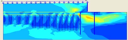 Figure 13 : Normal and shear strain at the base of embankment behind bridge abutment