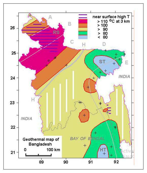 Fig.2: Geothermal Map of Bangladesh showing temperatures at 3 km [10]
