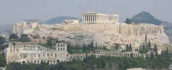 Figure 1: Panoramic view of the Athenian Acropolis, where the South Wall (right) and the West Wall (left) are shown