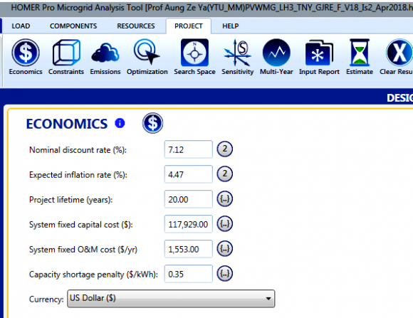 Fig.17: Inputs of PV System in HOMER Pro (M1 to M3) The costs of PV for 1 kW are: Capital cost 1300 $; Replacement cost 0 $; Operation and maintenance cost 10 S/year, and lifetime 20 years. The advanced input is the ground reflectance 20%, and the array (panel) slope is 20.92°. Temperature inputs also set with PV Array temperature coefficient (%/°C) -0.43, and PV Array operating cell temperatures 43; and efficiency of the standard test condition is 15.5% as reflected in Fig. 17. The battery inputs for 1 kWh are: Capital cost 360 $; Replacement cost 300 $; Operation and maintenance cost 20 S/year; lifetime ten years. The converter inputs are: for 1 kW are: Capital cost 500 $; Replacement cost 450 $; Operation and maintenance cost 10 S/year and lifetime fifteen years. The costs of 20 kW Wind Generator is: Capital cost 14500 $; Replacement cost 0 $; Operation and maintenance cost 400 S/year, and the lifetime 20 years. It can easily imagine that the input components of Renewables are high-quality products due to their high costs. For Diesel Mini-Grid (Model4, M4), 50 kW Diesel Generator costs are: Capital cost 10000 $; Replacement cost 8000 $; Operation and maintenance cost 1.5 $ per hour; and the lifetime 15000 hours as shown in Fig.18. The Diesel fuel price inputted 0.62 and 0.72 $/L. 25 kW Diesel Generator costs are: Capital cost 4500$; Replacement cost 4000 $; Operation and maintenance cost 0.75 $ per hour; and the lifetime 15000 hours.