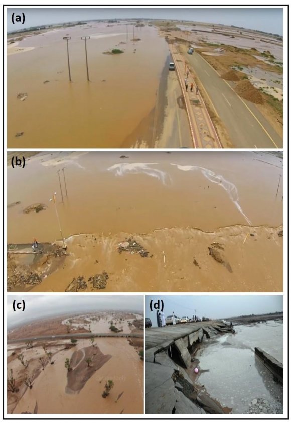 Figure 3: Flood risks on Jizan-Abha Highway, (a) shows the drowning of the Jazan-Abha road on 15/4/1440 H, (b) showing the drowning of the sides of the road. The picture (c) shows the flood passing under Jazan-Abha road as a result of Wadi Bayad floods. The picture (d) shows the Jizan road -Abha collapses.
