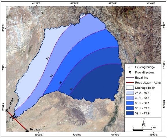 Figure 17: (a) Hydrological model HEC-HMS of the Wadi Bayad, (b) flood inflow hydrograph of the Wadi Bayad for regression periods (5,10,20,25,50, 100 years)