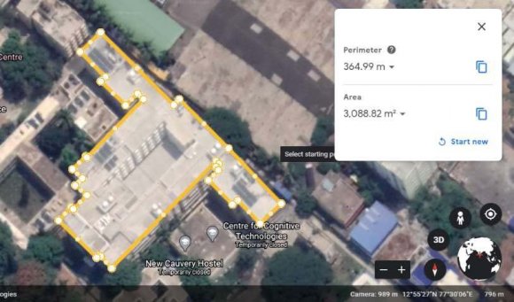 Figure 2: Satellite image of New cauvery hostel (Source: Google Earth®) Annual rain water yield is given by the formula Q = A x R x C x F Where Q = Annual rainwater yield A = Catchment area in m2 R = Annual precipitation C = Runoff coefficient of catchment material Annual rain water yield of Cauvery hostel Catchment area, A = 2632 m2 Annual precipitation, R = 877.8mm Runoff coefficient of RCC roof, C = 0.8 [5] Filter efficiency, considering F = 0.8