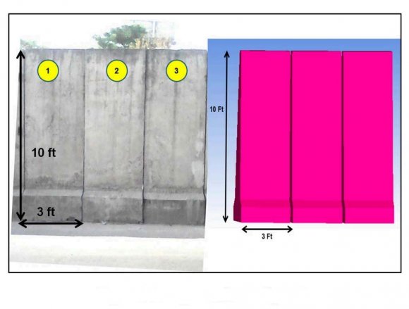 a) Details of Blast Protection Wall Panel RCC wall panel reduces the blast damage effect. RCC wall panels are placed in front of the boundary side by side which makes a large barrier of wall in front of the structure. The RCC wall panel is of size 10 ft in height, 3 ft in width, 8 inch in thick and 3 ft 4 inch thick from bottom of the panel. Construction of Concrete Wall with Resistance to Explosions-A View © 2022 Global Journals Global Journal of Researches in Engineering (A ) Volume Xx XII Issue I V ersion I 38 Year 2022