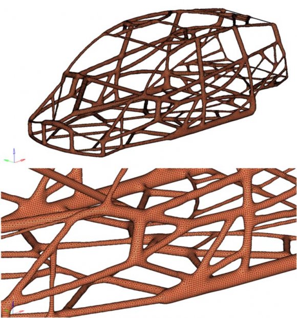 Generation of Optimised Hybrid Electric Vehicle Body in White Architecture from a Styling Envelope and related to it. This was in order to define the variables of the cross-sectional dimensions, a Design Equation (DEQATN input card [Altair (2010)]) linking the section dimensions to prevent the crossing of the inner and outer radii and a Design Variable (DESVAR input card[Altair (2010)]) to specify the initial dimensions and the sizing limitations of the individual member.f) 2D Shell ModelFollowing the generation of the 3D tubular CAD model, a loose shrink-wrap mesh was produced based upon the 3D geometry, this is illustrated in Figure7.