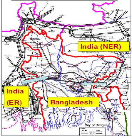 Fig. 3 : India and Bhutan power grid interconnection [7]. VI. NEPAL INDIA POWER GRID INTERCONNECTION The power exchange agreement between India and Nepal came into operation in 1971. In recent years, the volume of energy exchange between these two countries has increased from 50MW to 150 MW [8][10]. The 'Transmission line Interconnection' project between India and Nepal has three major components namely Dhalkebar-Mujaffarpur, Duhabi-Purnia and Butwal-Gorakhpur, each having a capacity of 400kv. Among them, the first phase construction of Dhalkebar-Mujaffarpur 400kv transmission interconnection is underway. The total length of the transmission line from Dhalkebar to Muaffarpur is 140 km. Only 45 km of this transmission line lies within Nepalese territory. The total length of Duhabi-Purniya line is 112 km of which 22 km lies within Nepalese territory. Similarly, 25 km of the 125 km Butwal-Gorakhapur transmission line lies within Nepal [8][10][13].