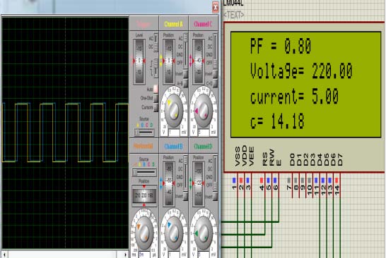 Fig. 7 : Simulation results with increased inductive load d) Case 4: When 1.5hp Induction Motors Are ON When an inductive load of (1.5hp) is ON, there is large phase delay in between current and voltage signals as shown in Fig. 8. Microcontroller senses the delay produced by the load, and according to the delay, it inserts the desired value of capacitor by the development of Microcontroller algorithm to improve the power factor of the system to desired value.