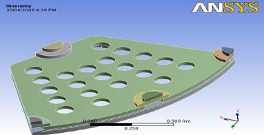 Figure 8 : Meshed model of Filter sheet Solid 95 is a higher order version of the 3-D 8node solid element. It can tolerate irregular shapes without as much loss of accuracy. Solid 95 has plasticity, creep, stress stiffening, large deflection, and large strain capabilities. In this project work, the filter sheet assembly model is meshed with hexahedron elements as shown in figure. Mapped face Meshing is given to 21 holes in the filter sheet as well as Base support. Filter sheet assembly along with all the parts are meshed as shown in fig 8 with Hex-dominant and Aesize given to 15mm or 0.015m. The elements created are 28401 whereas number of nodes present are 126636. After meshing is done, solve this model for different seven conditions, different values for stress and