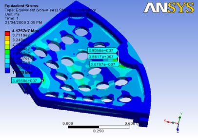 Figure 13 : Proposed Filter sheet model Following are the results after solving proposed tube sheet having 28 holes for the worst condition with and without point mass with refined mesh size is taken as 15mm which shows that design is safe. Therefore shape can be optimized upto 28 holes. Max Equivalent stress = 4.2636 e7 Pa Max. Deformation = 0.00014293 m
