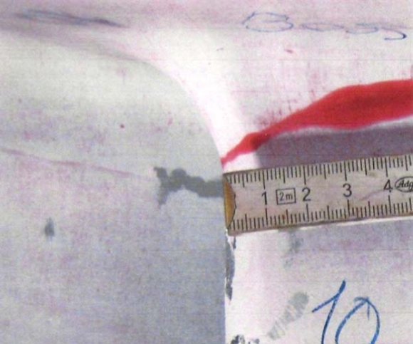 Figure 10 : Traditional Kvaerner runner (Lu Buge Power plant in CHINA) with skewed relative straight blade outlets (left) compared with the blade outlets of Sunnå Høy, where the cracked blades are shown. After repair and cutting the blade outlet edges straight no further cracking was observed e) High Cycle Material Testing of Crack Propagation Referring to the material testing based on high cycle fatigue, tests of test pieces with a defined start defect and given material quality have been used. Defects have been made by SULZHER and presented by H. Grain et.al. in /Ref. 5/. The inspection of new low specific speed runners should be made after full load operation approximately each week during the first month of operation. The reason for this is illustrated in the Paris( -Improved Forman equation) diagram illustrated in fig 13. /Ref 5/