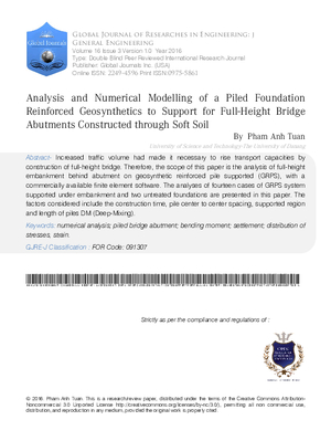 Analysis and Numerical Modelling of a Piled Foundation Reinforced Geosynthetics to Support for Full-Height Bridge Abutments Constructed through Soft Soil