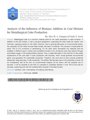 Analysis of the Influence of Biomass Addition in Coal Mixture for Metallurgical Coke Production