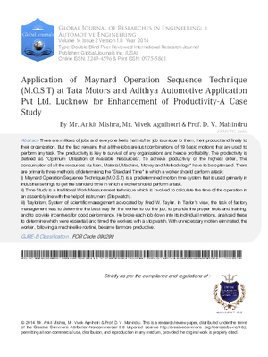 Application of Maynard Operation Sequence Technique (M.O.S.T) at Tata Motors and Adithya Automotive Application Pvt Ltd. Lucknow for Enhancement of Productivity-A Case Study
