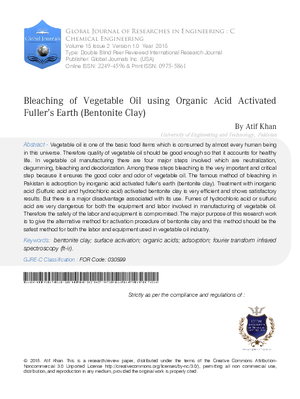 Bleaching of Vegetable Oil using Organic Acid Activated Fulleras Earth (Bentonite Clay)