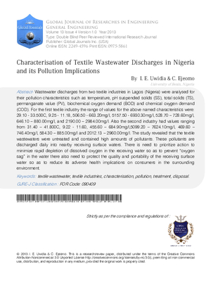 Characterisation of Textile Wastewater Discharges in Nigeria and its Pollution Implications