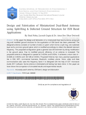 Design and Fabrication of Miniaturized Dual-Band Antenna using Split-ring and Defected Ground Structure for ISM Band Applications