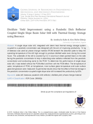 Distillate Yield Improvement using a Parabolic Dish Reflector Coupled Single Slope Basin Solar Still with Thermal Energy Storage using Beeswax