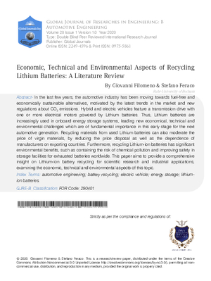 Economic, Technical and Environmental Aspects of Recycling Lithium Batteries: A Literature  Review