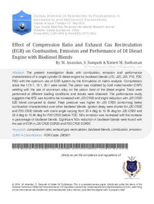 Effect of Compression Ratio and Exhaust Gas Recirculation (EGR) on Combustion, Emission and Performance of DI Diesel Engine with Biodiesel Blends