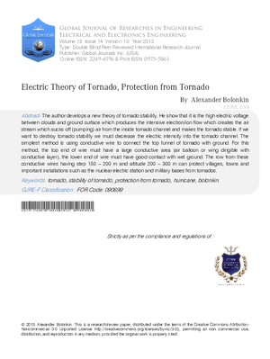 Electric Theory of Tornado. Protection from Tornado