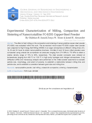 Experimental Characterization of Milling, Compaction and Sintering of Nanocrystalline FC-0205 Copper Steel Powder