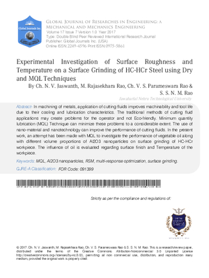 Experimental Investigation of Surface Roughness and Temperature on Surface Grinding of HC-Hcr Steel Using Dry and MQL  Techniques