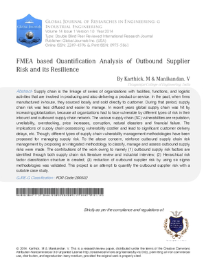 FMEA based Quantification analysis of Outbound Supplier Risk and its Resilience
