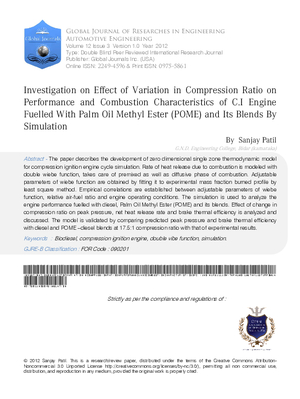 Investigation on Effect of Variation in Compression Ratio on Performance and Combustion Characteristics of C.I Engine Fuelled With Palm Oil Methyl Ester (POME) and Itas Blends By Simulation