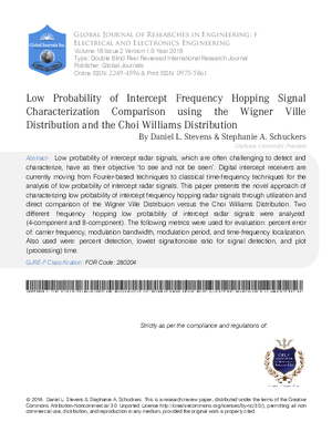 Low Probability of Intercept Frequency Hopping Signal Characterization Comparison Using the Wigner Ville Distribution and the Choi Williams Distribution
