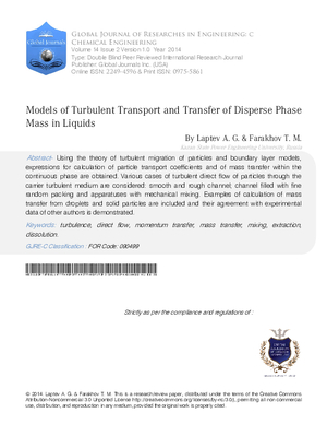 Models of Turbulent Transport and Transfer of Disperse Phase Mass in Liquids