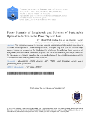 Power Scenario of Bangladesh and Schemes of Sustainable Optimal Reduction in the Power System Loss