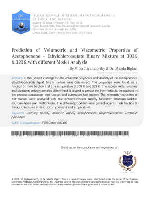 Prediction of Volumetric and Viscometric Properties of Acetophenone a Ethylchloroacetate Binary Mixture At 303K 