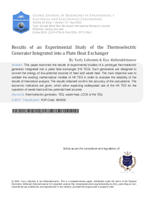 Results of an Experimental Study of the Thermoelectric Generator  Integrated into a Plate Heat Exchanger
