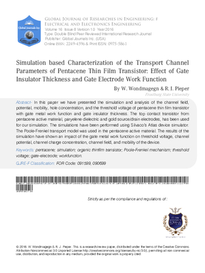 Simulation based Characterization of the Transport Channel Parameters of Pentacene Thin Film Transistor: Effect of Gate Insulator Thickness and Gate Electrode Work Functio