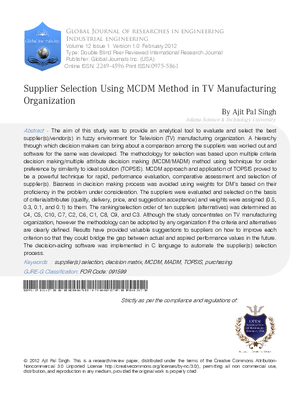 Supplier Selection Using MCDM Method  in TV Manufacturing Organization