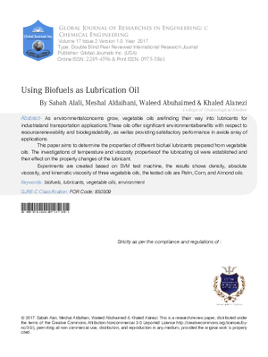 Using Biofuels as Lubrication Oil