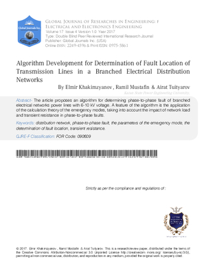 Algorithm Development for Determination of Fault lLocation of Transmission Lines in a Branched Electrical Distribution Networks