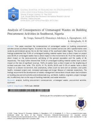 Analysis of Consequences of Unmanaged Wastes on Building Procurement Activities in Southwest, Nigeria