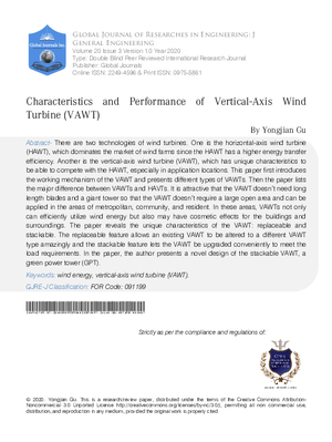 Characteristics and Performance of Vertical-Axis Wind Turbine (VAWT)