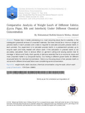Comparative Analysis of Weight Loss% of Different Fabrics (Lycra Pique, Rib and Interlock) under Different Chemical Concentration
