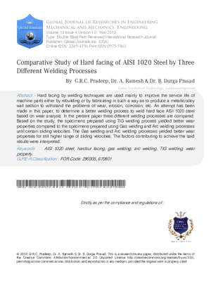 Comparative Study of Hardfacing of AISI 1020 Steel by Three Different Welding Processes