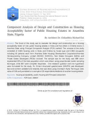 Component Analysis of Design and Construction as Housing Acceptability Factor of Public Housing Estates in Anambra State, Nigeria