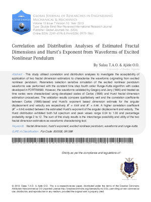 Correlation and Distribution Analyses of Estimated Fractal Dimensions and Hurstas Exponent from Waveforms of Excited Nonlinear Pendulum