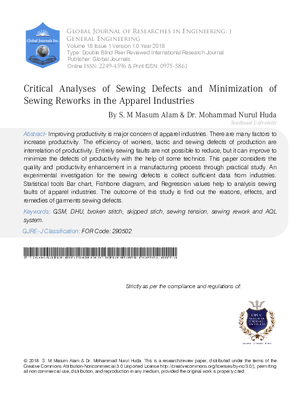 Critical Analyses of Sewing Defects and Minimization of Sewing Reworks in the Apparel Industries